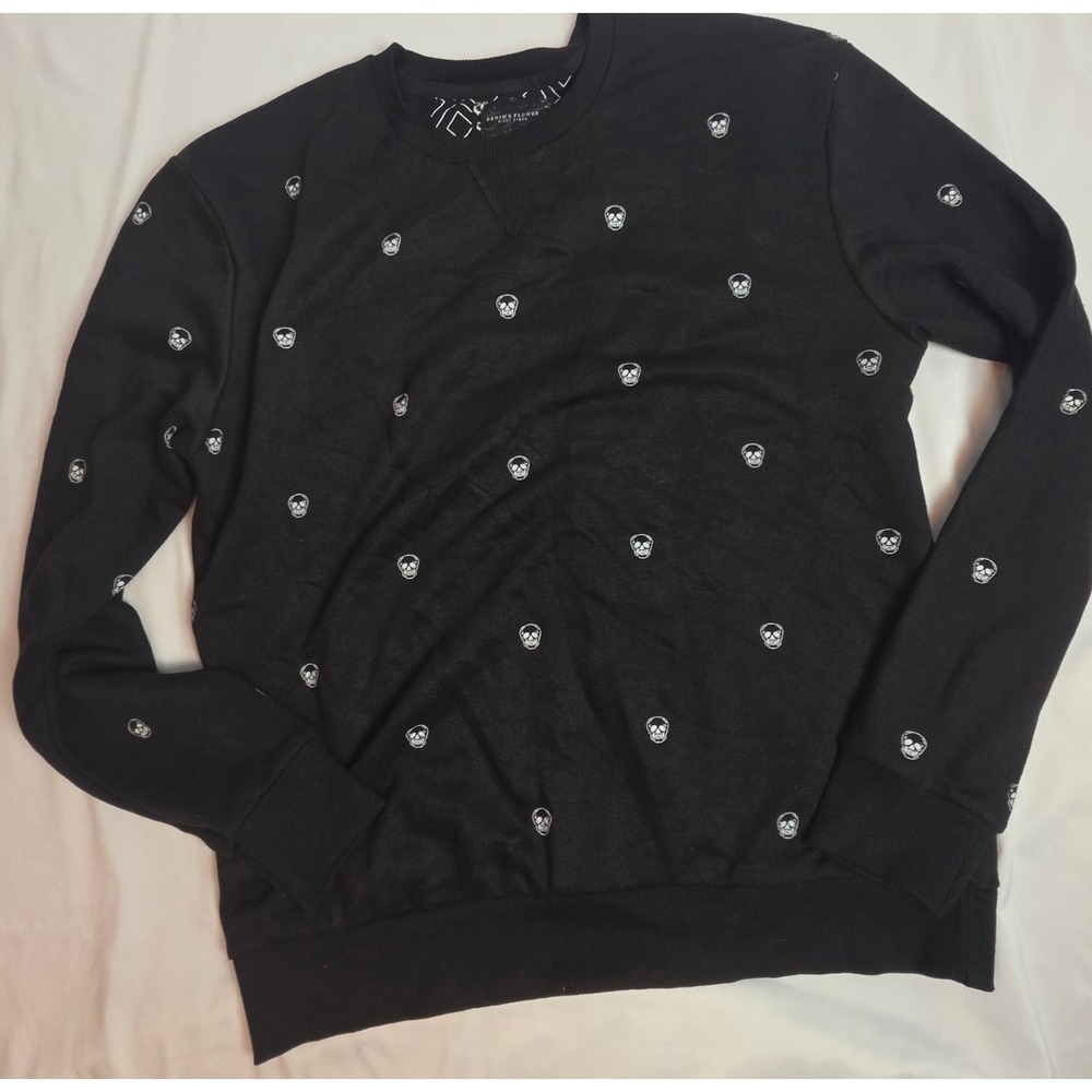 Denim & Flower Ricky Singh Mens Medium Skull Print Sweatshirt Black Goth Punk